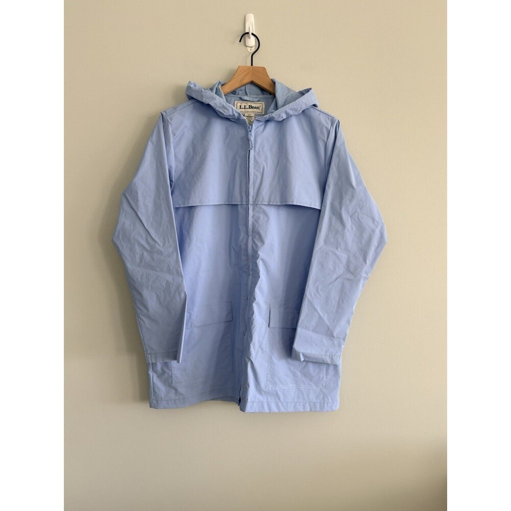 L.L. Bean Hooded Raincoat Jacket Blue Womens Medium Pockets Full Zip Snap